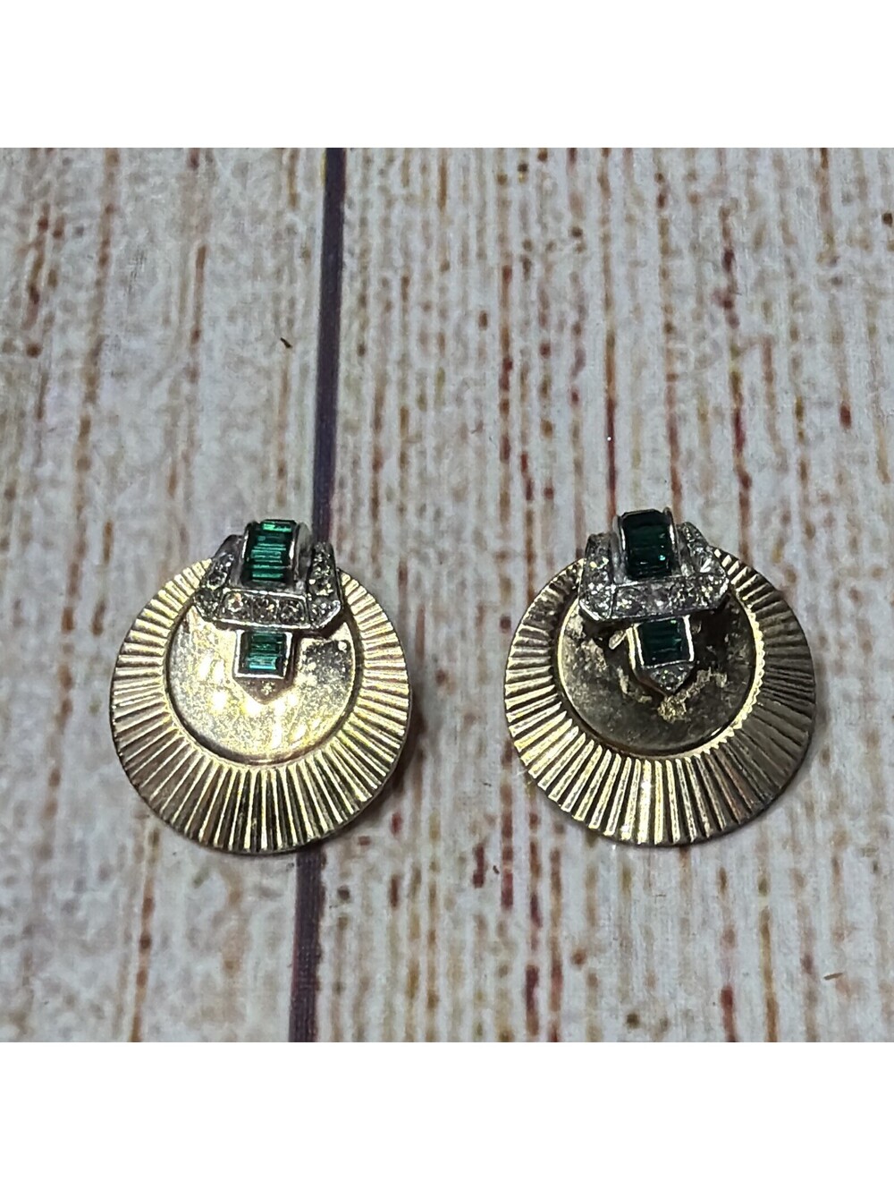 Signed Boucher Gold Tone Round Clip On Earrings Green Clear Baguette Rhinestone